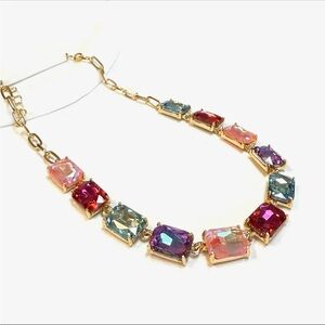 18K Gold Plated Multicolor Rectangle Crystal Glass Linked Chain Necklace